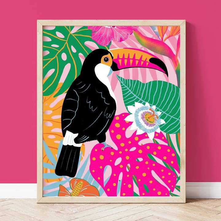Floral Botanical Toucan Boho Home Decor Art Print for wholesale by Sarah Whittle Illustration