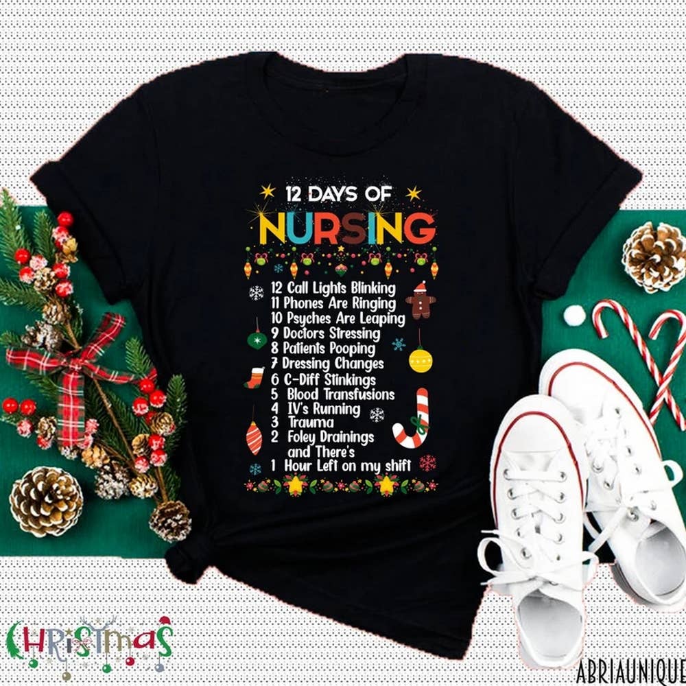 Black 12 Days Of Nursing Christmas Shirt, 12 Days Of Nursemas, Nur for wholesale on Faire0