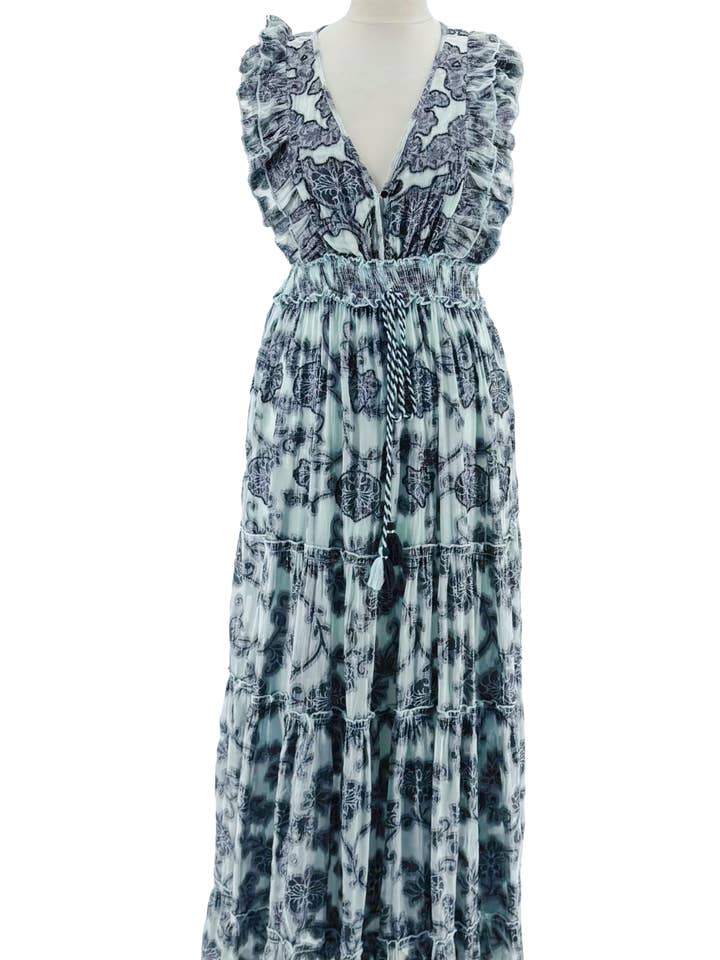 AQUA GREEN TURQUOISE PINK VISCOSE LUREX DRESS, WIDE SLEEVES, HAND EMBROIDERED for wholesale on Faire