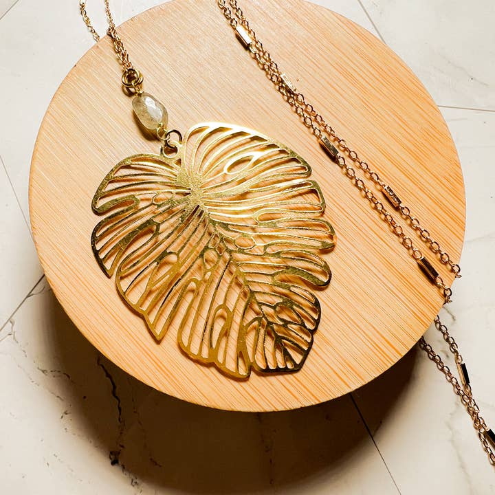 Long Monstera Leaf Necklace - Gold or Silver Plated for wholesale by Santore Jewelry Company