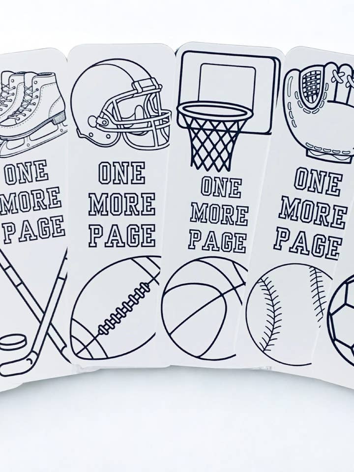 Sports Coloring Bookmarks with Crayons Kit - Set of 6 - 2" x 6" Rounded Corner Bookmarks - Football Soccer Tennis Hockey Baseball Basketball for wholesale by Ann Gregory Designs
