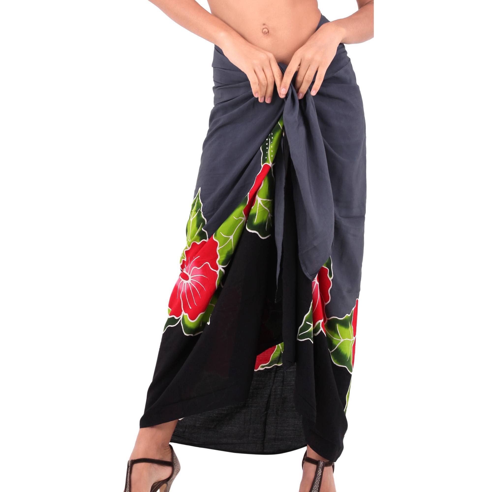 Noir, Hibiscus La Leela Écharpe de plage peinte à la main pour femme, motif floral gris en vente sur Faire3