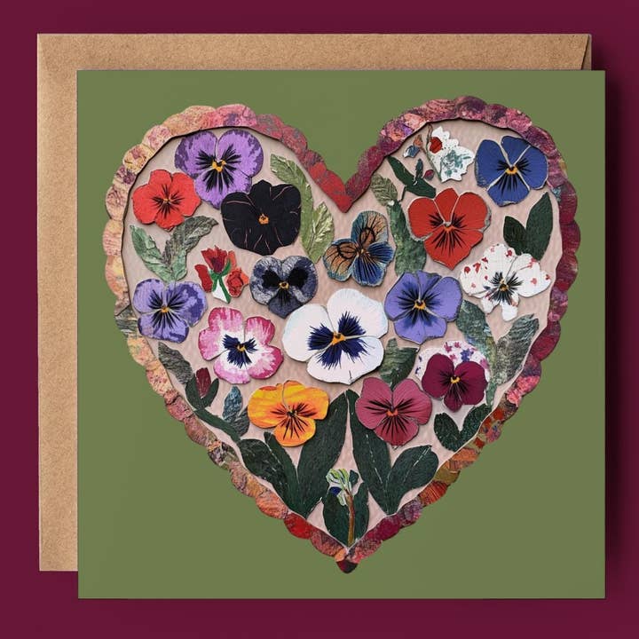 Pansy Floral Heart 2D Printed Card for wholesale by Good Post Day