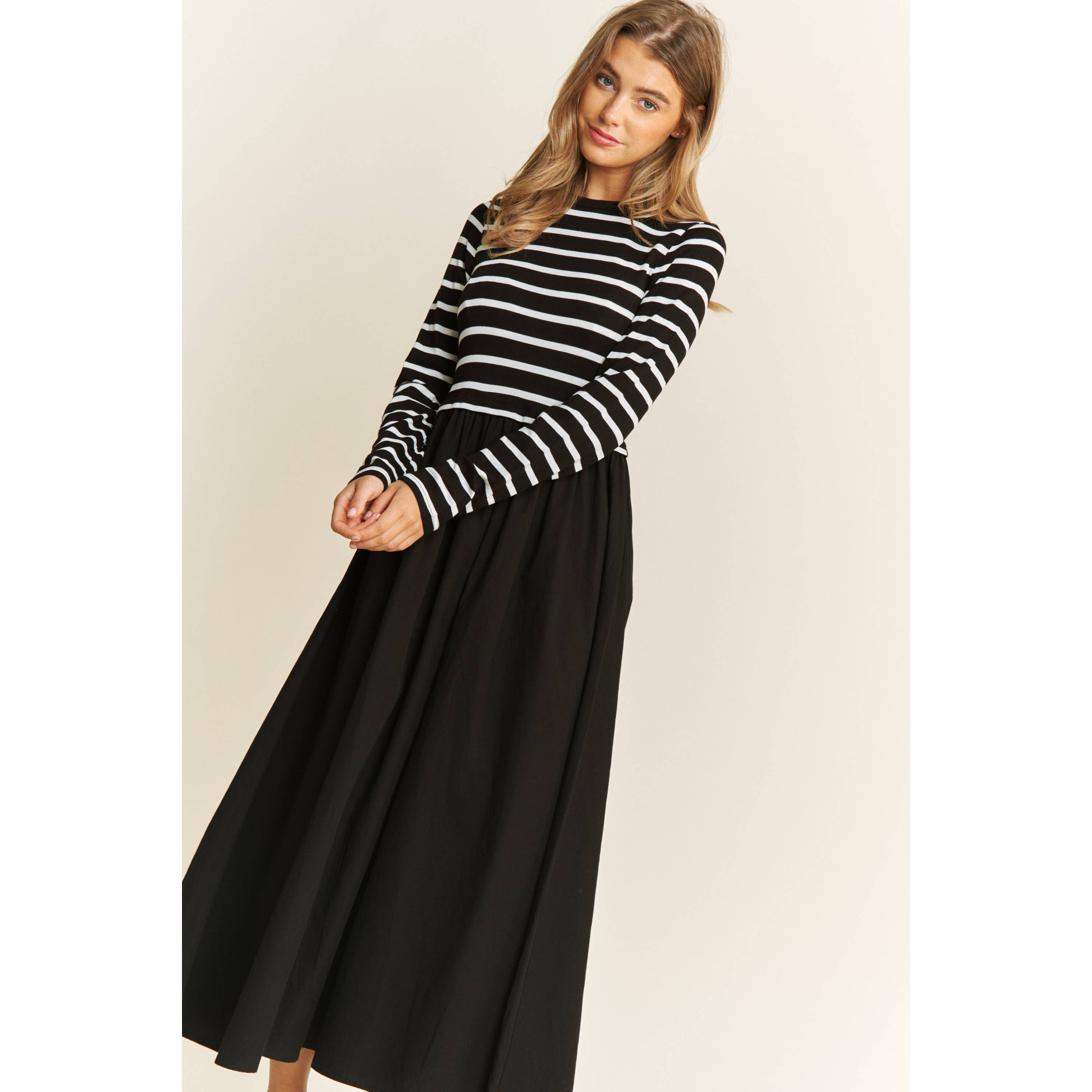 Sweet Generis - Wholesale Dress - Women's - COTTON MAXI DRESS WITH KNIT STRIPE TOP WITH LONG SLEEVES6