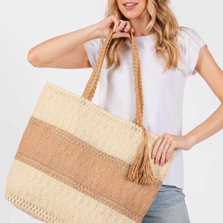 MiMi Wholesale - Wholesale Tote Bag - Women's - MB0273 Two Tone Woven Straw Tote Bag