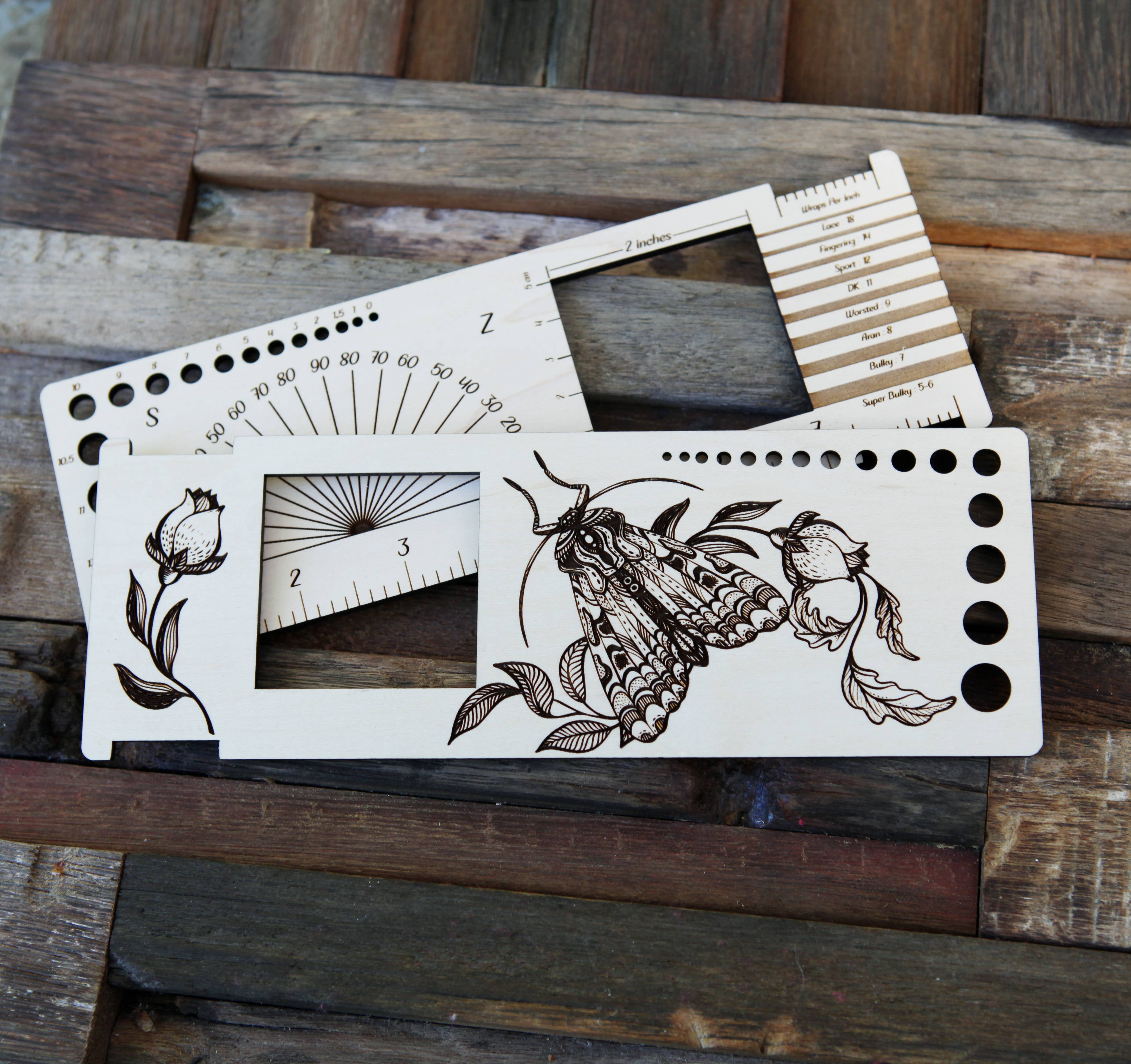 Sunrise Grove - Wholesale Knitting/Crochet Supplies - Moth: 2" Gauge Swatch Ruler, Needle, Twist Angle, Yarn Gauge0