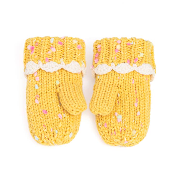 Peppercorn Kids - Wholesale Mittens - Kids - Girls Speckled Knit Mittens with Lace - Yellow 1-3y, 3-6y3