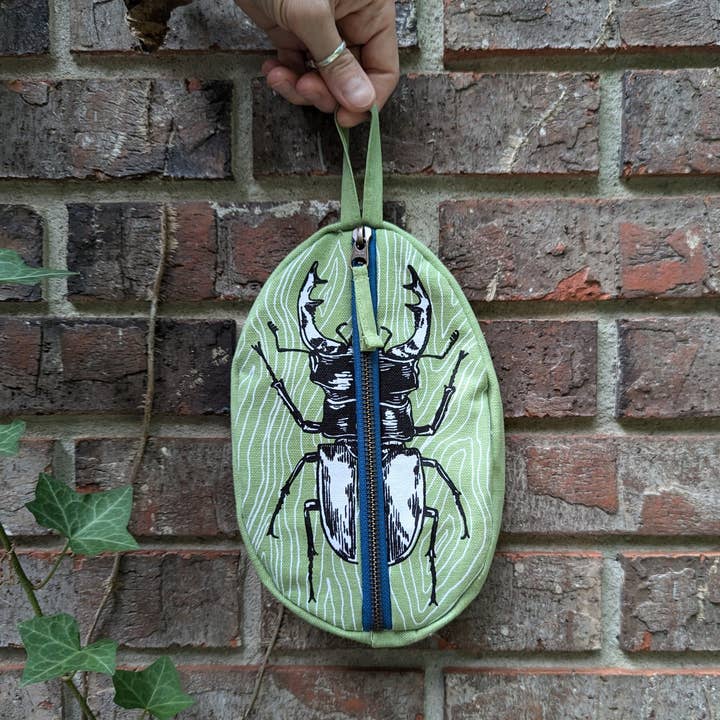 ilikesara | art + goods - Wholesale Pencil case/pouch - zippered pouch | stag beetle - green insect/bug pencil, supply, makeup bag with waterproof lining9