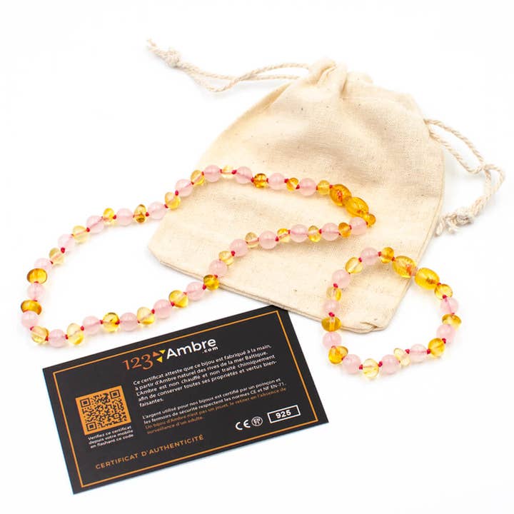 123Ambre - Vendita all'ingrosso Parure di gioielli - Confezione collana ambra+bracciale in ambra e quarzo rosa 32 cm
