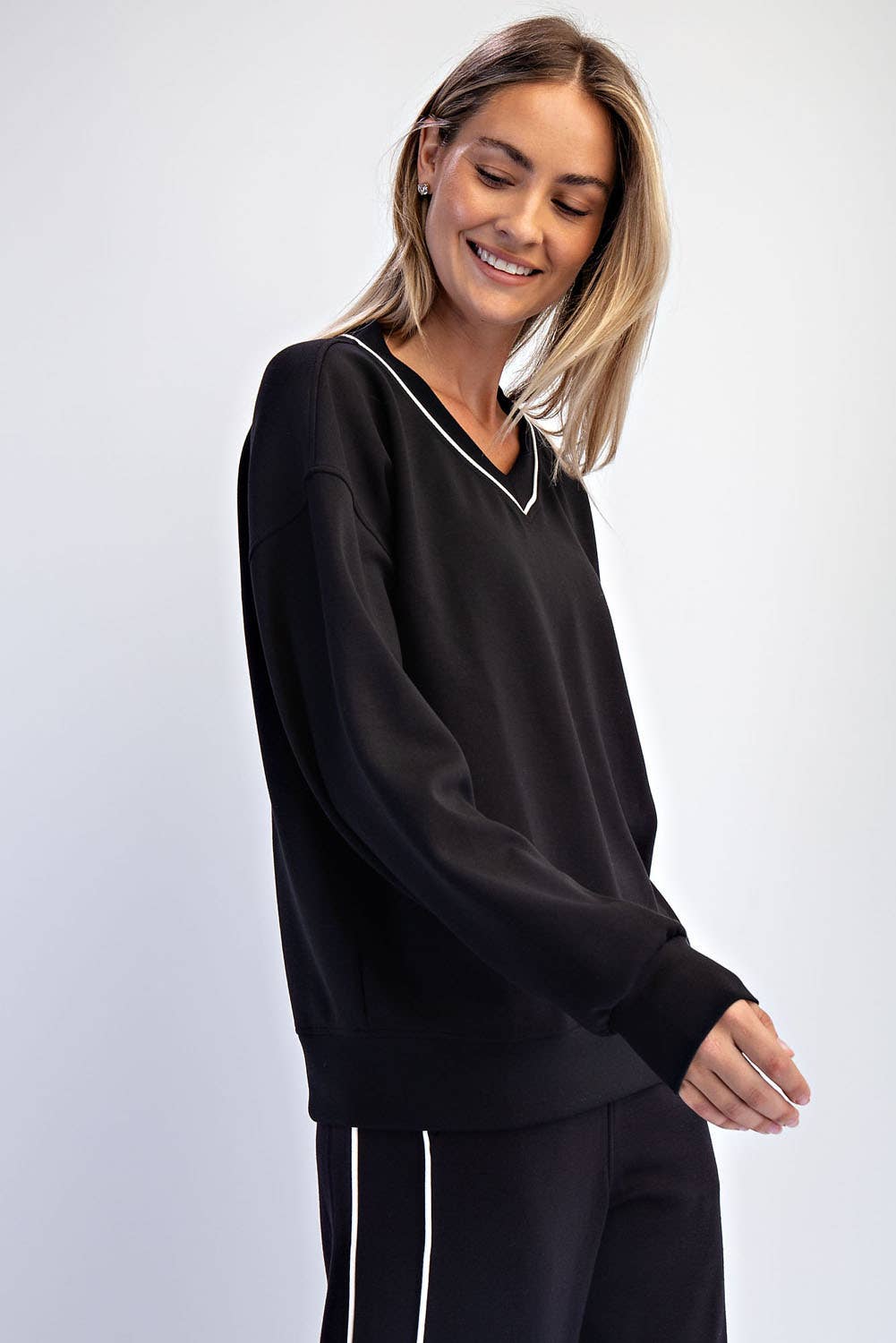 Rae Mode - Wholesale Lounge Top - Women's - MODAL SCUBA V NECK PIPING TOP6