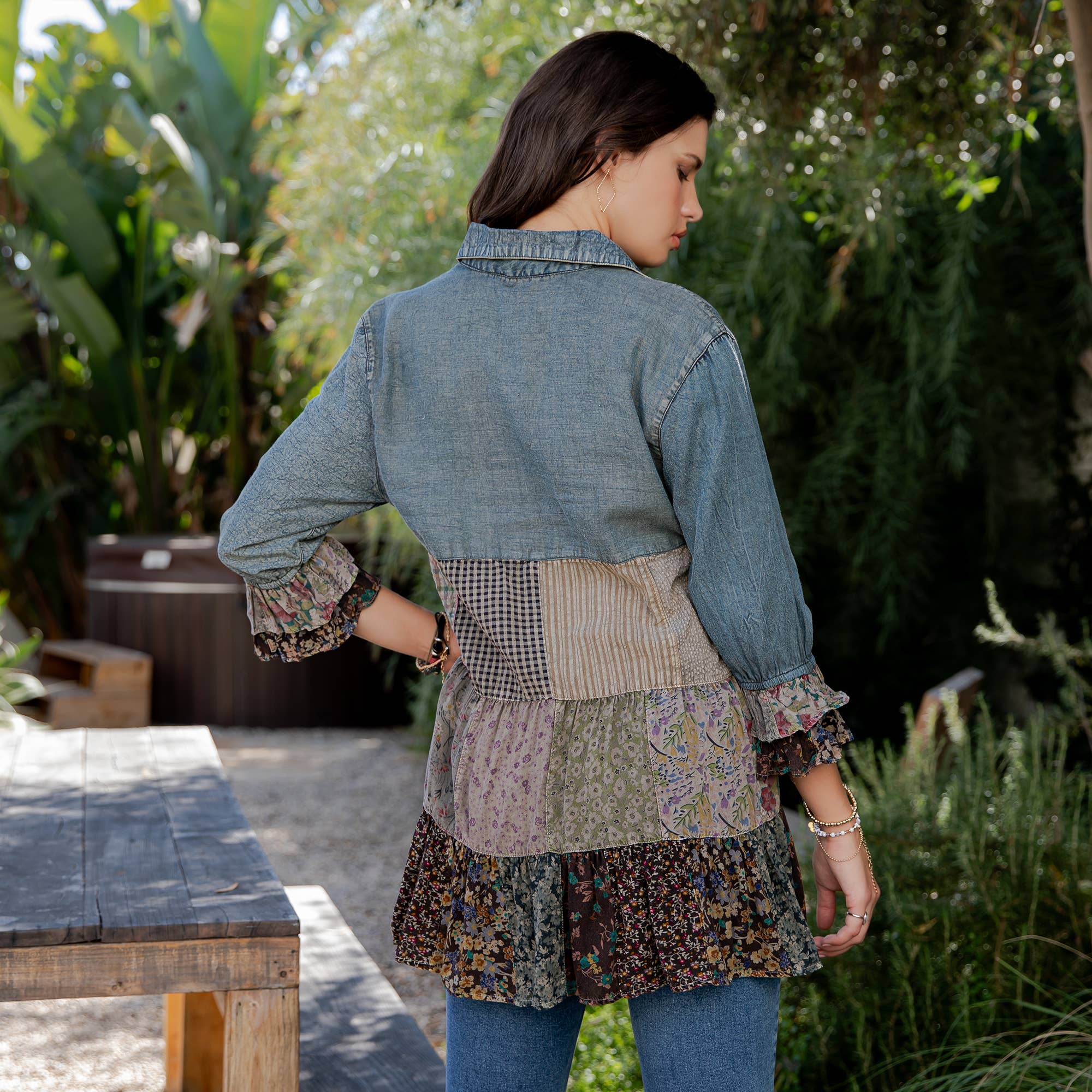 Young Threads - Wholesale Blouse - Women's - Western Denim Yoke Patchwork Tiered Tunic Top (New Color)36