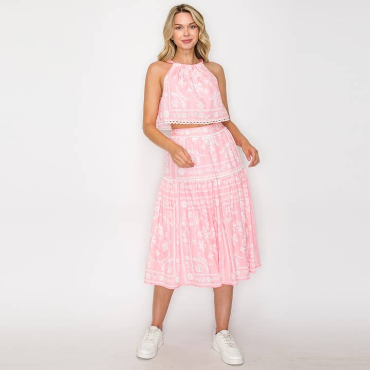 LoveWednesday - Vendita all'ingrosso Completo top e gonna - Donna - Set di Stampe "Guardami" - Rosa - LWT1934-SET1