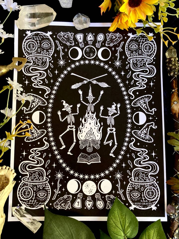 Bonfire Witches Print, Letter Size, Spooky Whimsical Art for wholesale by Soni Graves Artistry