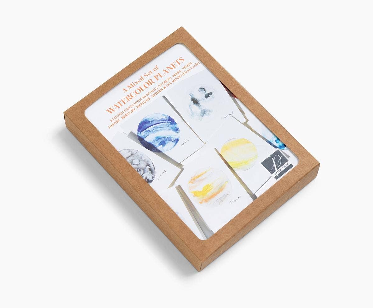 Paperfinger - Wholesale Stationery/Notecard Set - Watercolor Planets Mix (8 Cards)1