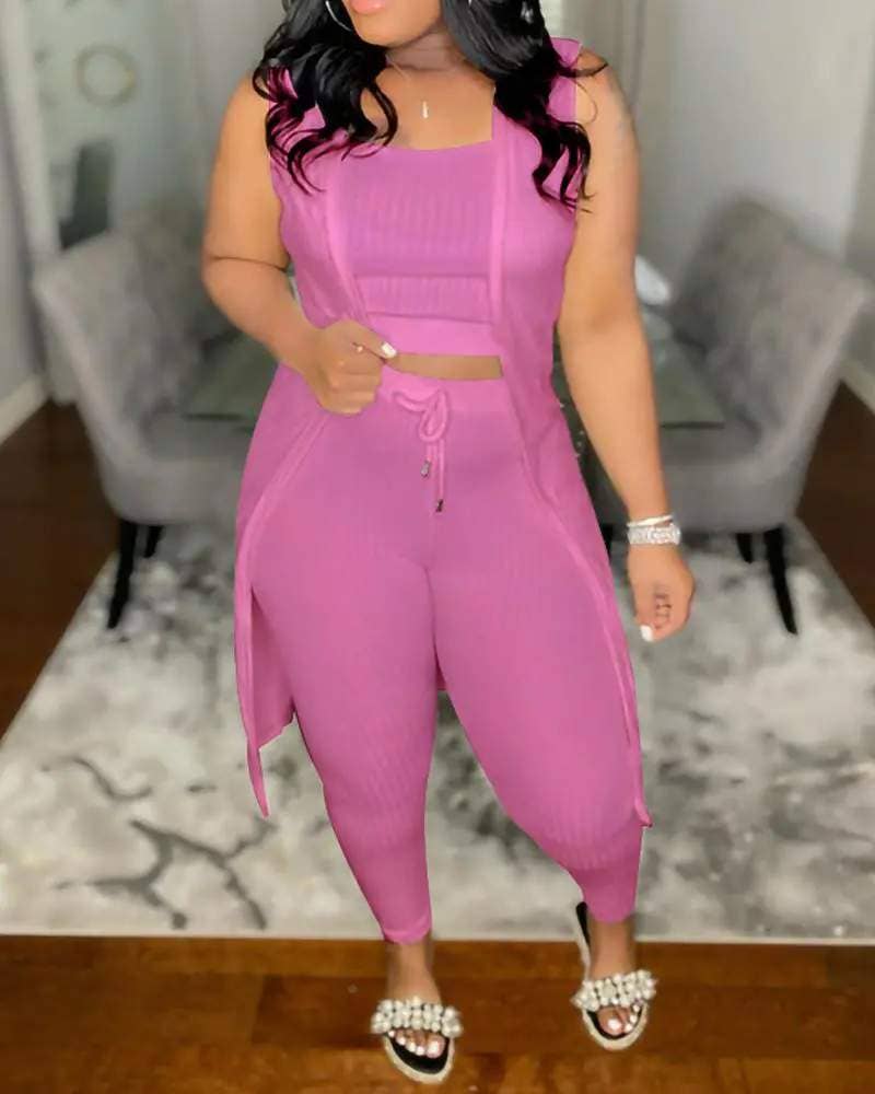 Fashion Combination - Wholesale Top & Pant Set (NOT Loungewear) - Women's - Solid Color Ribbed Knit Two-Piece Set for Women16