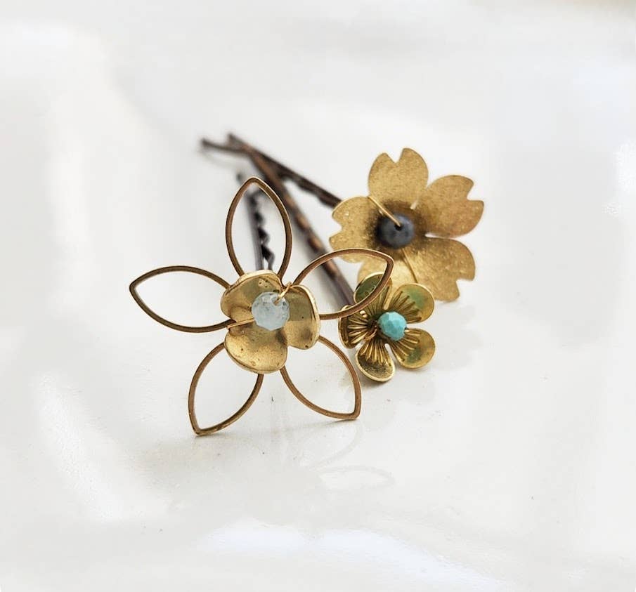 Sara Sela Jewelry - Wholesale Hair Pin - Brass Flower and Aquamarine, Turquoise and Lapis Hairpins1