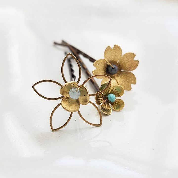 Sara Sela Jewelry - Wholesale Hair Pin - Brass Flower and Aquamarine, Turquoise and Lapis Hairpins1