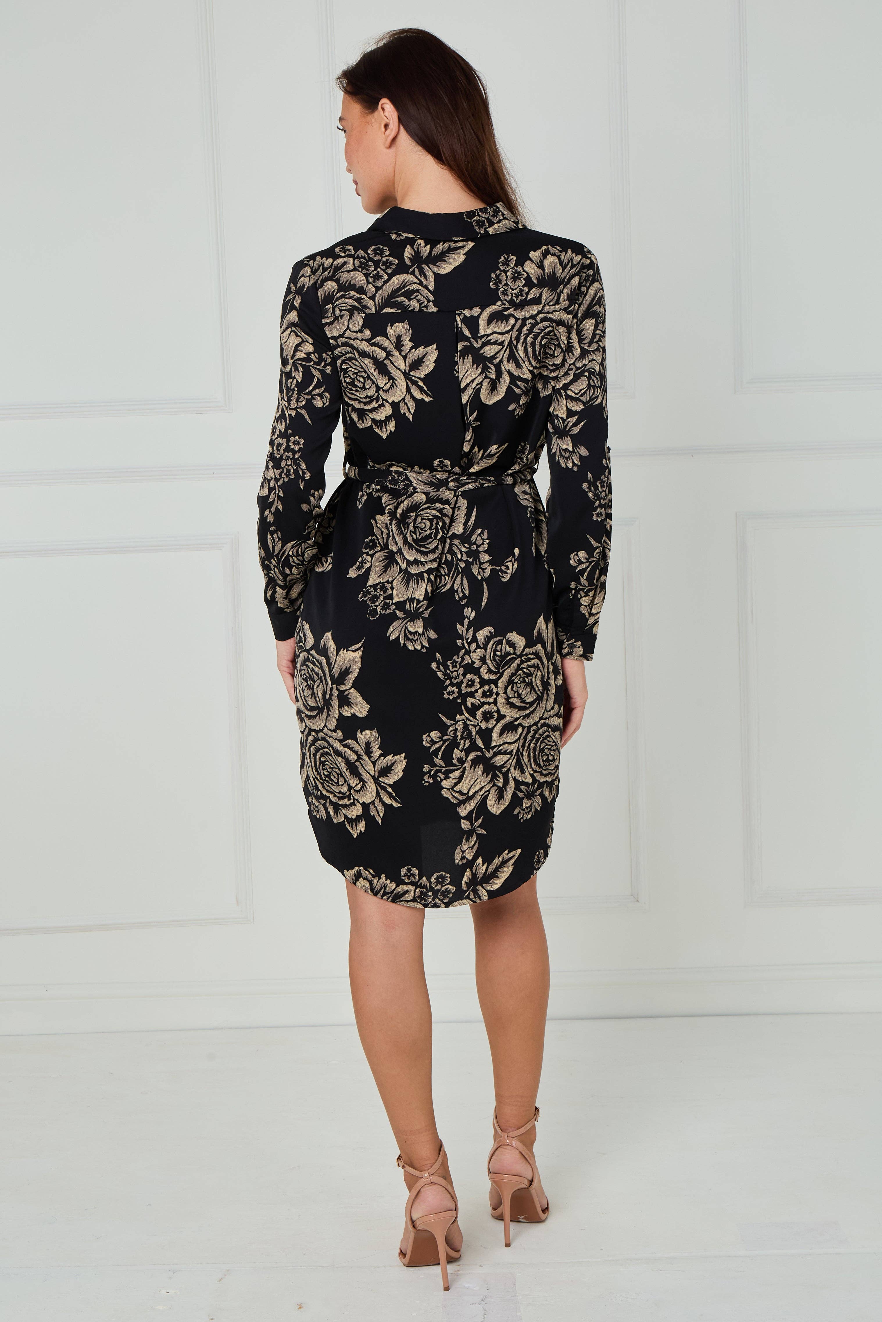Black and Beige Rose Print Mini Shirt Dress for wholesale on Faire7
