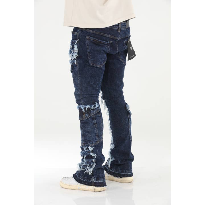 Stylo - Wholesale Jeans - Men's - Cargo Pocket Distressed Stacked Flare Jeans