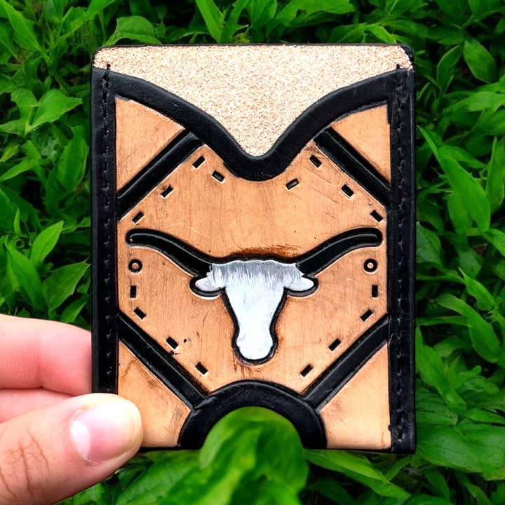 Bull tooled leather card holder  for wholesale by Western Linens