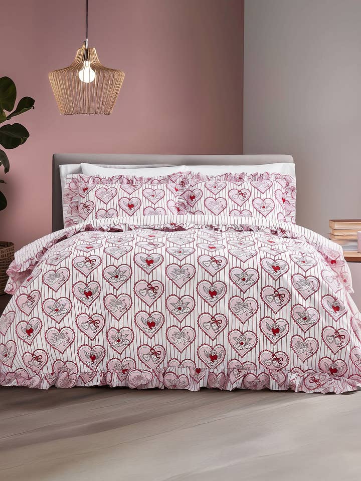 Cotton Valentine's Cupid Heart / Stripe Print Reversible Frill Bedding Set for wholesale by Chelsea Peers