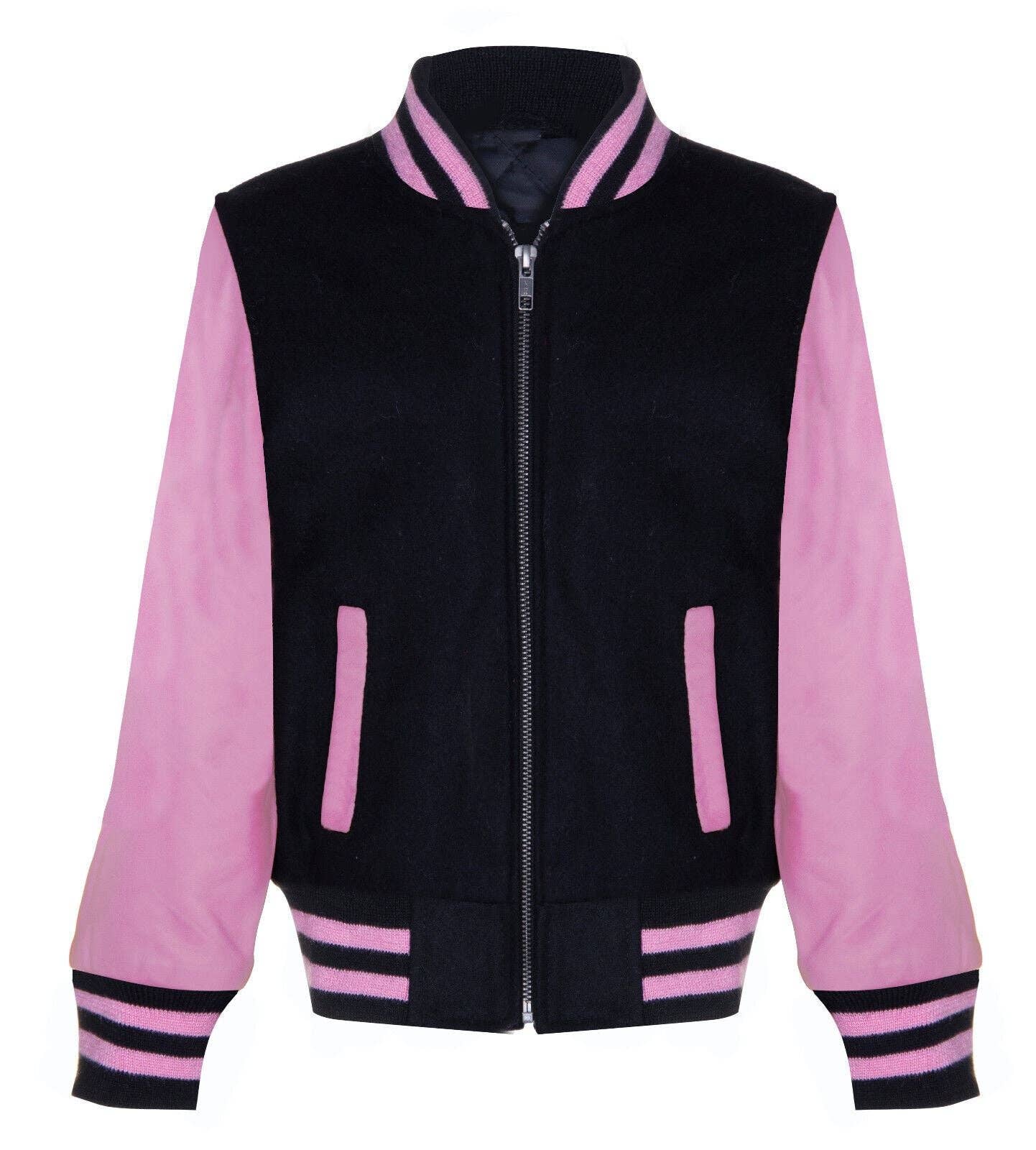 Negro con Rosa Chaqueta Bomber Varsity Negra y Rosa para Niños con Mangas de Cuero Real 3-13 años de venta al por mayor en Faire0