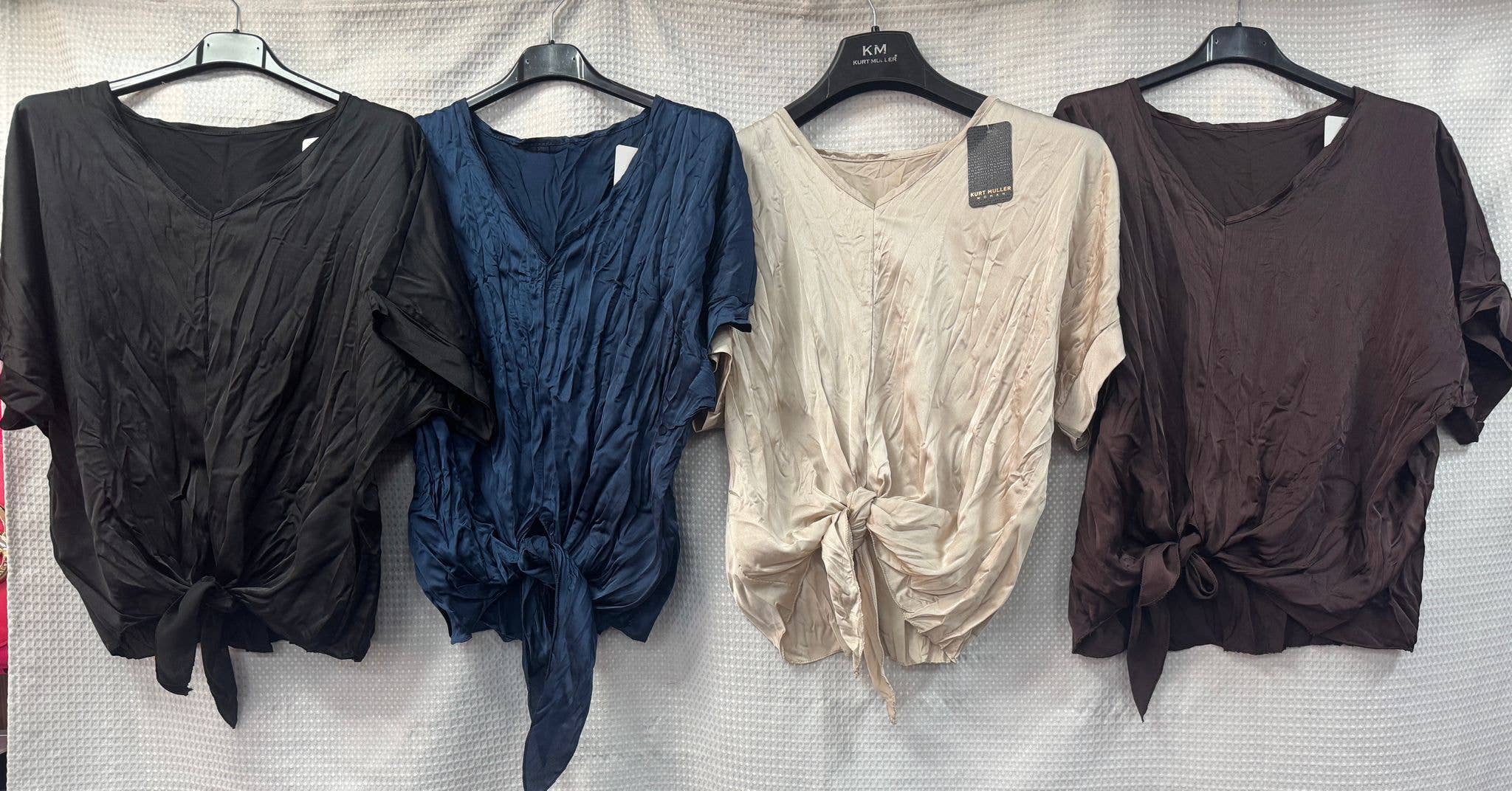 Blue Crinkle Satin Tie Knot Top for wholesale on Faire3