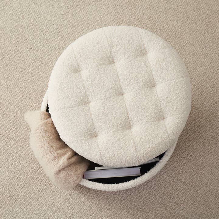 Ornavo Home - Vente Repose-pieds - Donovan Pouf Rond Capitonné en Boucle avec Rangement - Blanc