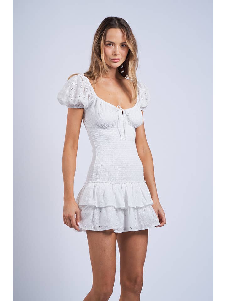 -WHITE EYELET PUFF SLEEVE RUFFLE LAYERED MINI DRESS for wholesale on Faire