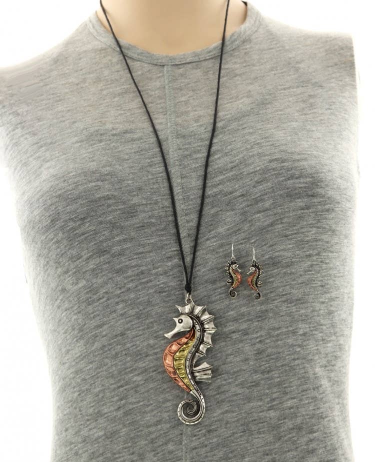 0011 PREMIERE – Großhandel Schmucksets – FR6397 Copper_Brass_Silver Seahorse 32-Zoll-Kordelanhänger-Set2