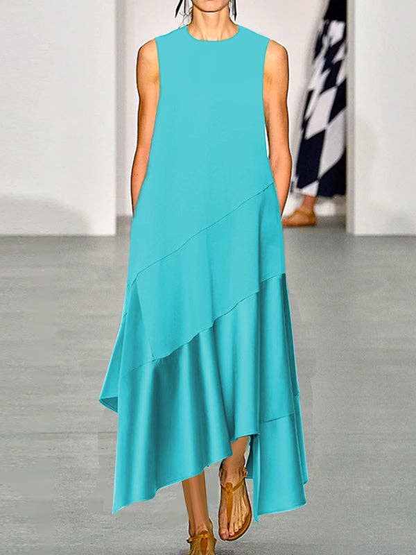 Chicto - Venta al por mayor Vestido - Mujer - Vestidos maxi con cuello redondo, bolsillos asimétricos, sueltos, con volantes y corte en línea A.4