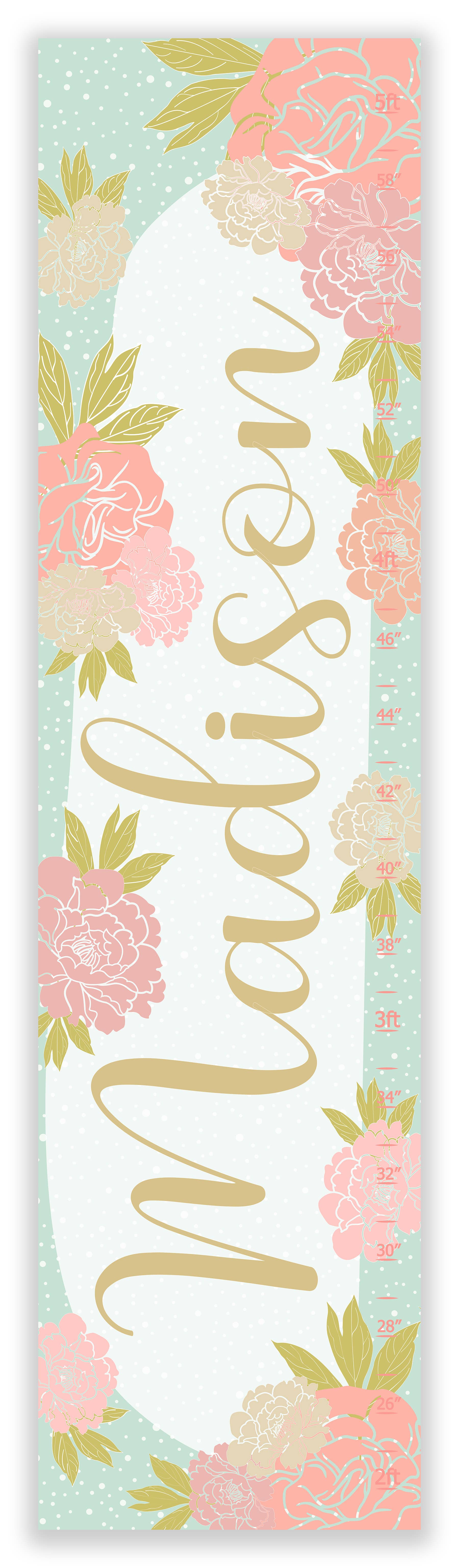 Finny and Zook - Wholesale Growth Chart - Kids & Baby - Peonies with Calligraphy Name Personalized Growth Chart0