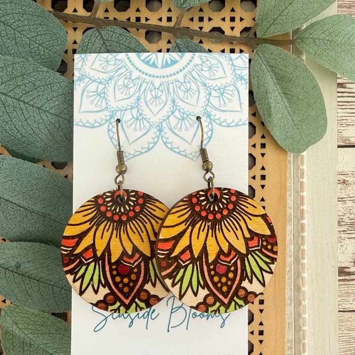 Boho Hand painted lightweight maple wood earrings for wholesale by Seasideblooms