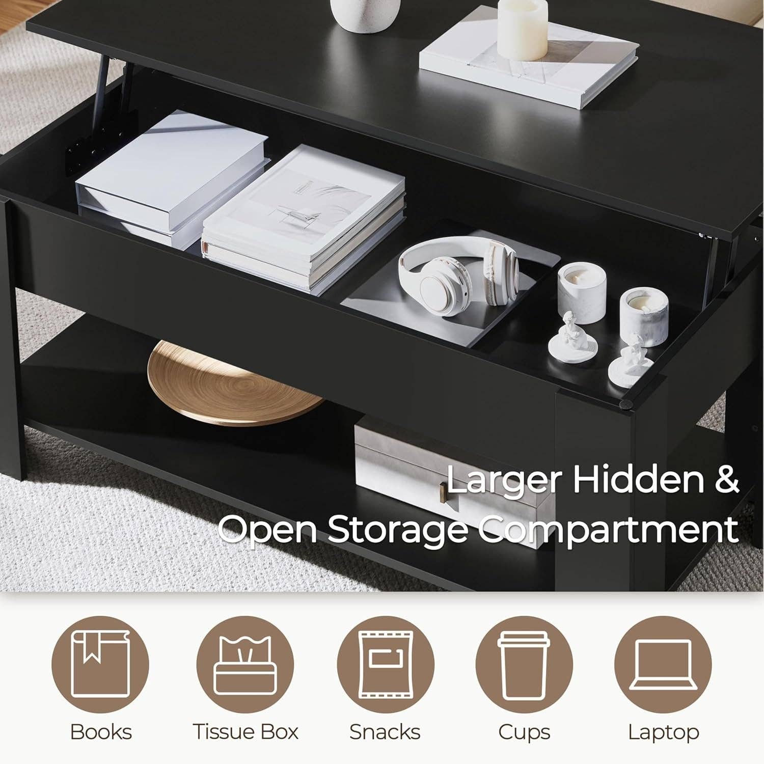 Black Lift Top Coffee Table With Hidden Compartment 47.5 Inch for wholesale on Faire5