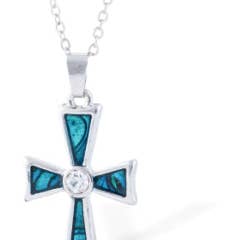 Collier Croix en Nacre Naturelle Paua avec Cristal, Plaqué Rhodium pour la vente par Byzantium Collection Ltd