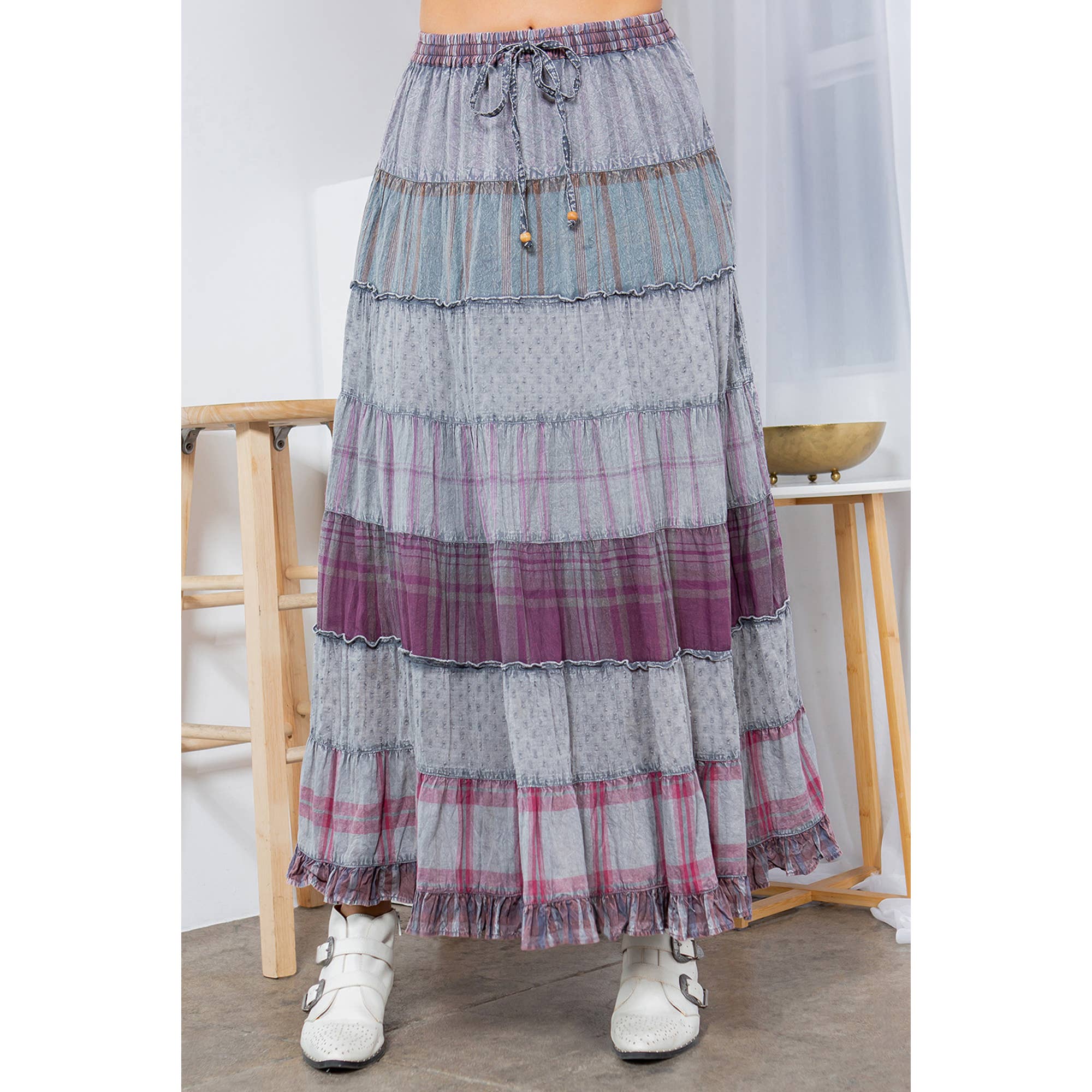 Young Threads - Wholesale Skirt - Women's - Vintage Vibes: Crinkled Tiered Skirt With Mixed Cotton Dobby2