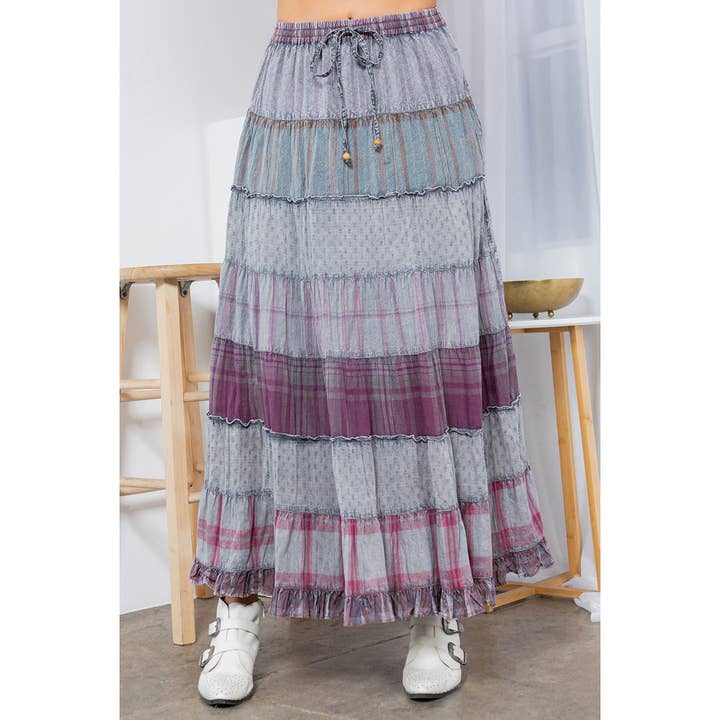 Young Threads - Wholesale Skirt - Women's - Vintage Vibes: Crinkled Tiered Skirt With Mixed Cotton Dobby2