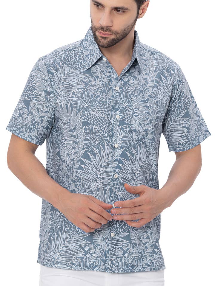 HAPPY BAY Mens Hawaiian Shirts White Tropical Leafs P00372 for wholesale by LA LEELA \ HAPPY BAY
