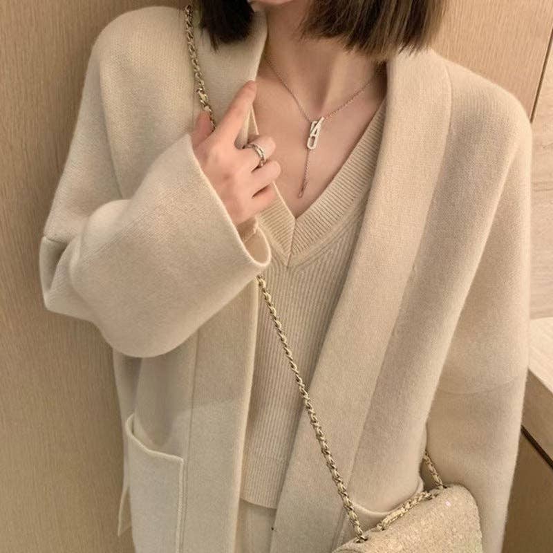 Marayn - Wholesale Top & Pant Set (NOT Loungewear) - Women's - Luxury AutumnWinter Knit Set Chic Sweater VNeck Wide Pants9