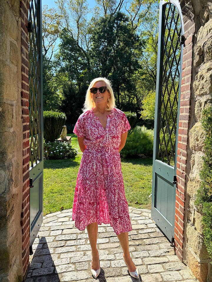 Lowell Short Sleeve Dress Hot Pink & White Cotton Floral for wholesale by Vanessa Fox