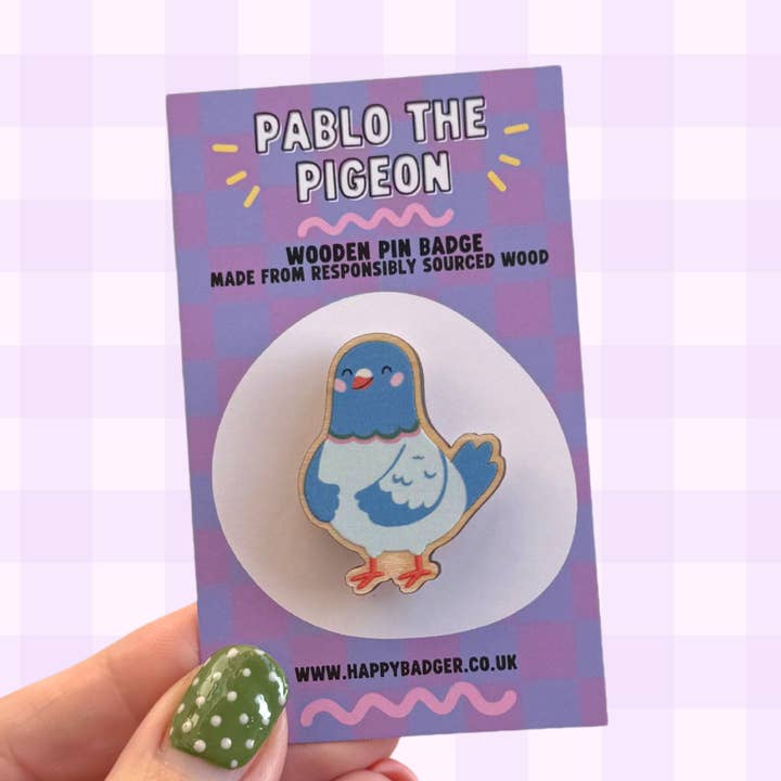 Pigeon Wooden Pin Badge for wholesale by The Happy Badger