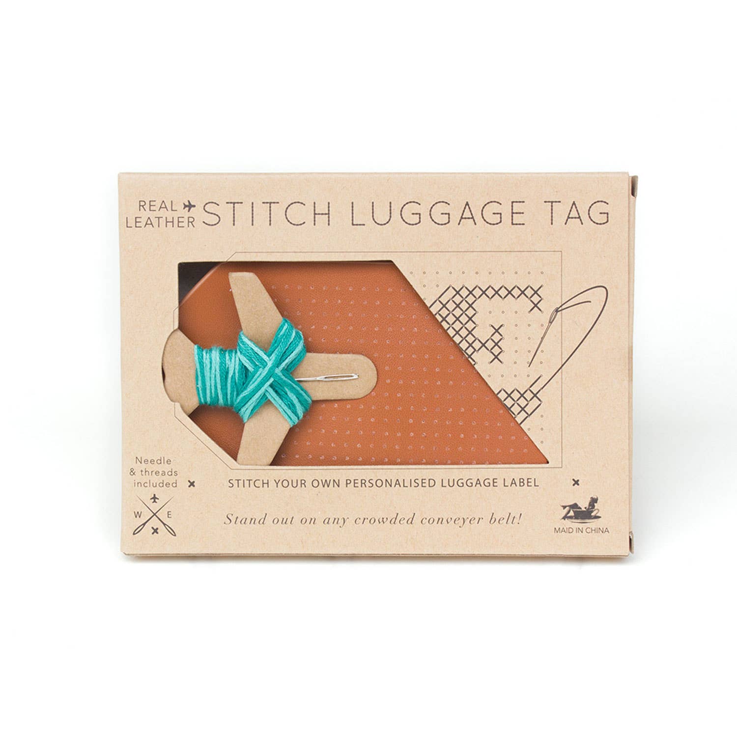 Chasing Threads - Wholesale DIY Craft Kit - DIY Cross Stitch Luggage Tag Kit - Brown with teal thread4