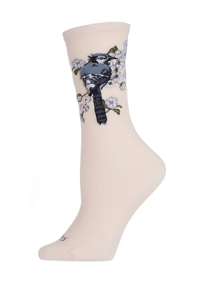 Blush Pink MeMoi Blue Bird Limited Edition Crew Socks for wholesale on Faire