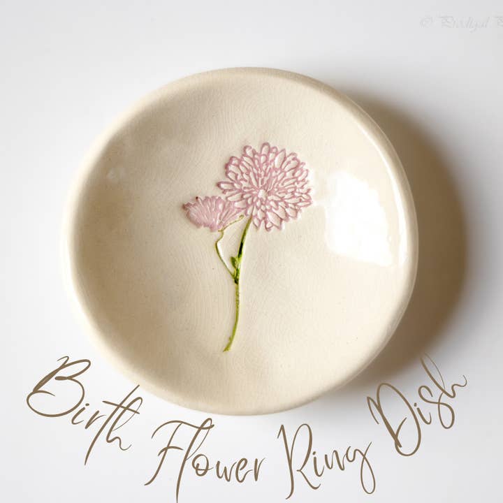 Birthflower Ring Dish for wholesale by Prodigal Pottery