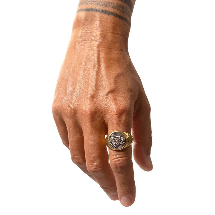 JewelryLab - Wholesale Signet Ring - Wolf Ring - 925 Sterling Silver with brass Emblem6