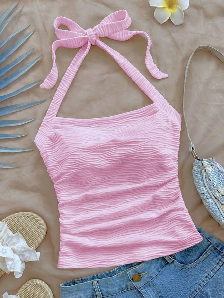 Rosa Clothing - Wholesale Tank Top - Women's - Cute & Stylish Bow Tie Halter Neck Crop Top