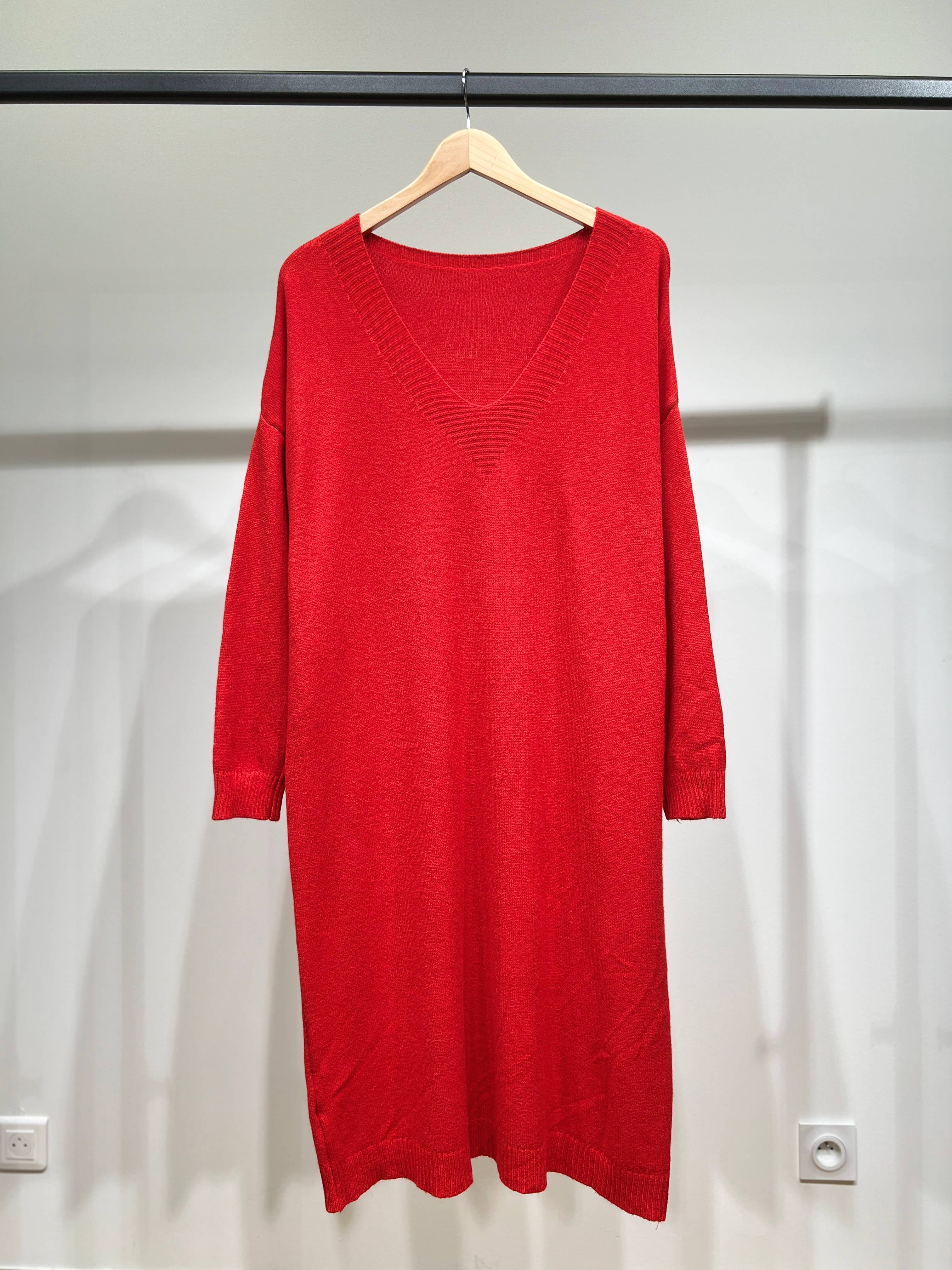 L'Emotion - Vente Robe – femme - Robe Pull Maille Fine Bord-Côtes Côtelé Col V5