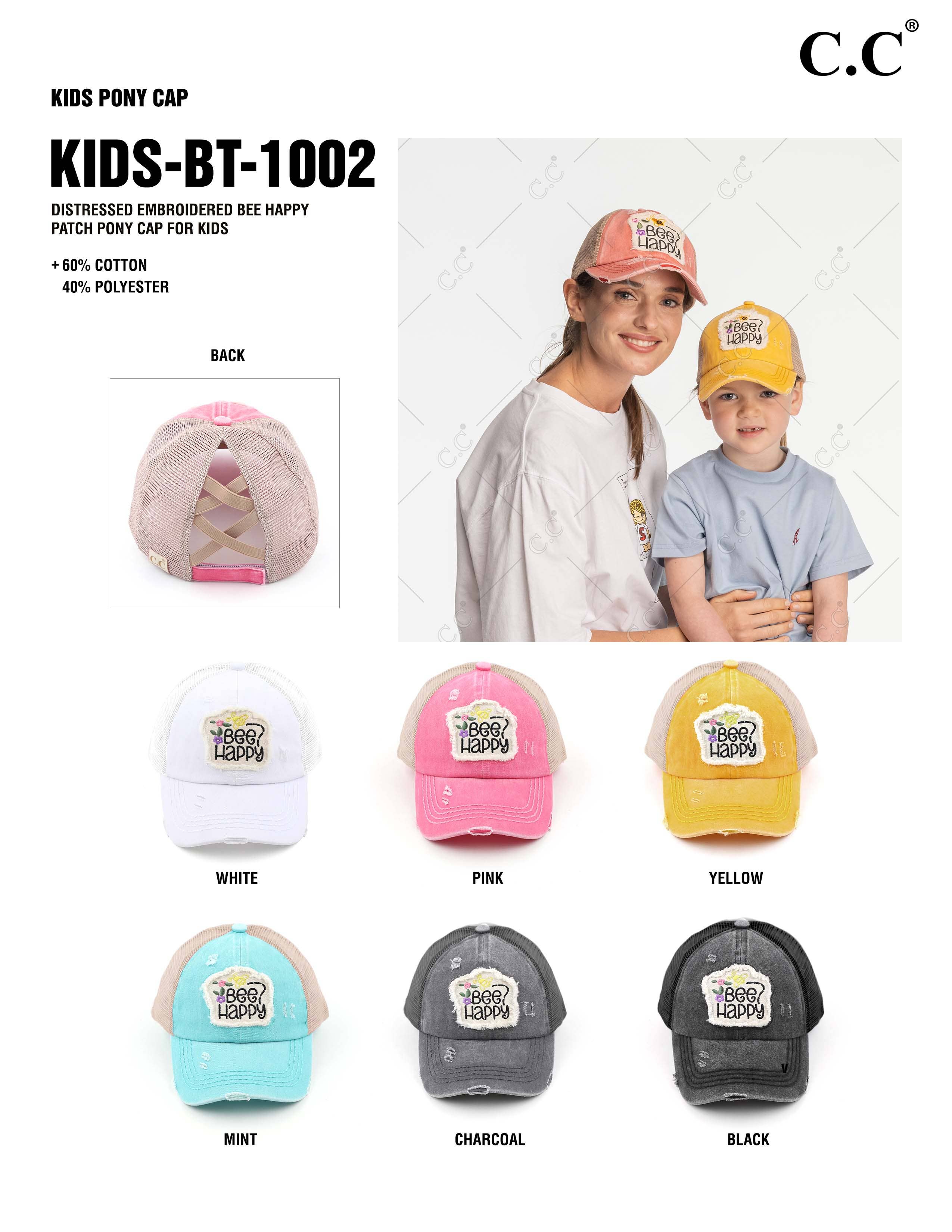 Hana - Wholesale Baseball Cap - Kids - C.C Kids Distressed Bee Happy Patch Pony Cap11