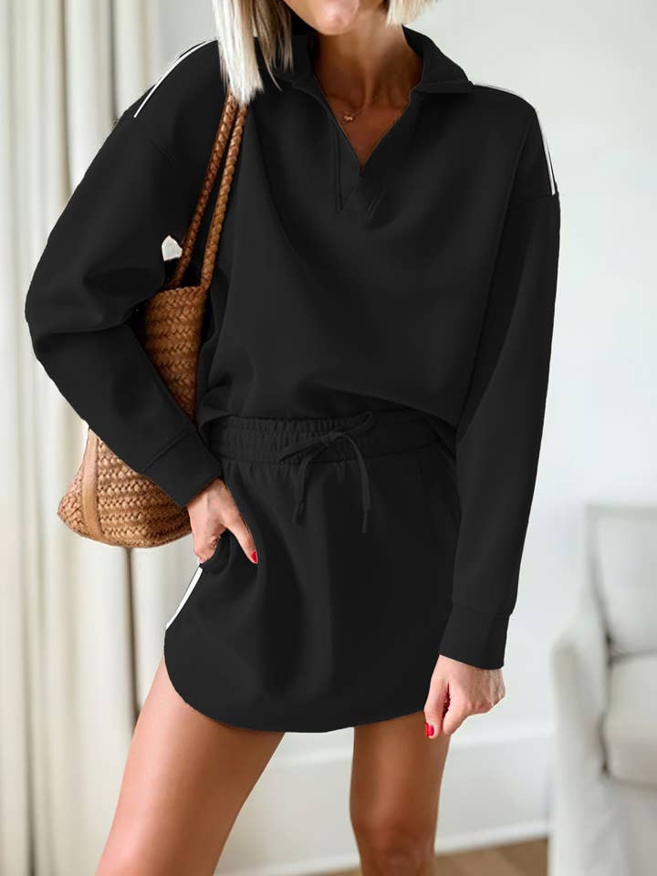 Rosa Clothing - Wholesale Top & Skirt Set - Women's - Lapel Collar Pullover Top & Lining Skirt Athleisure Set7