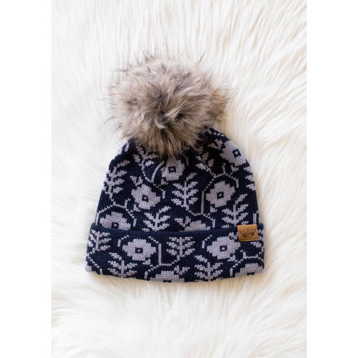 Panache Apparel Co. - Wholesale Beanie - Women's - Navy & Gray Floral Pattern Pom Hat3